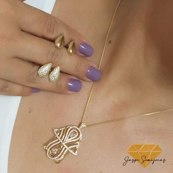 Colar Mão Hamsá Cravejado Banho Ouro 18k - Imagem 2