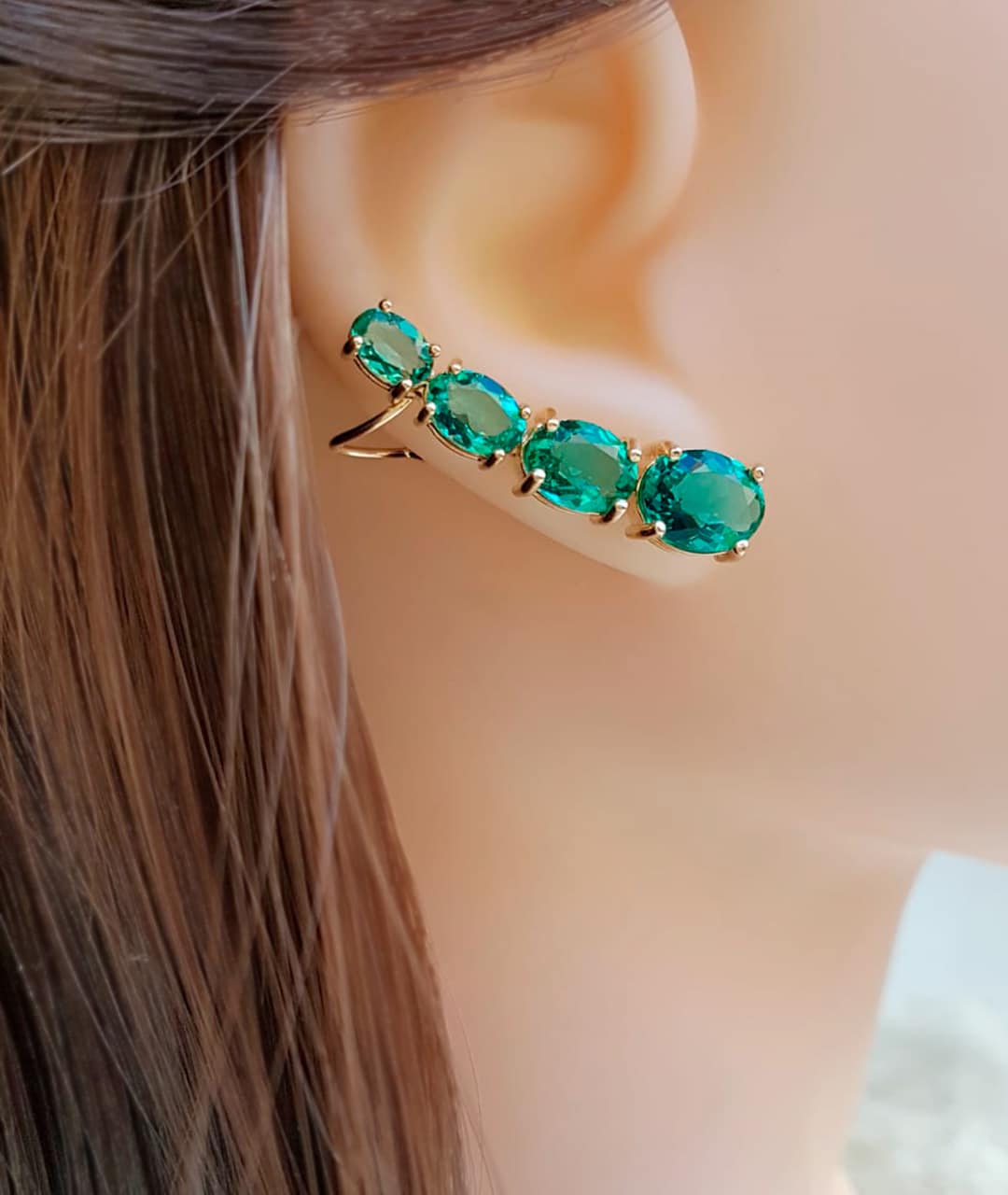 Brinco Ear Cuff Pedra Oval Verde Paraíba - Imagem 2