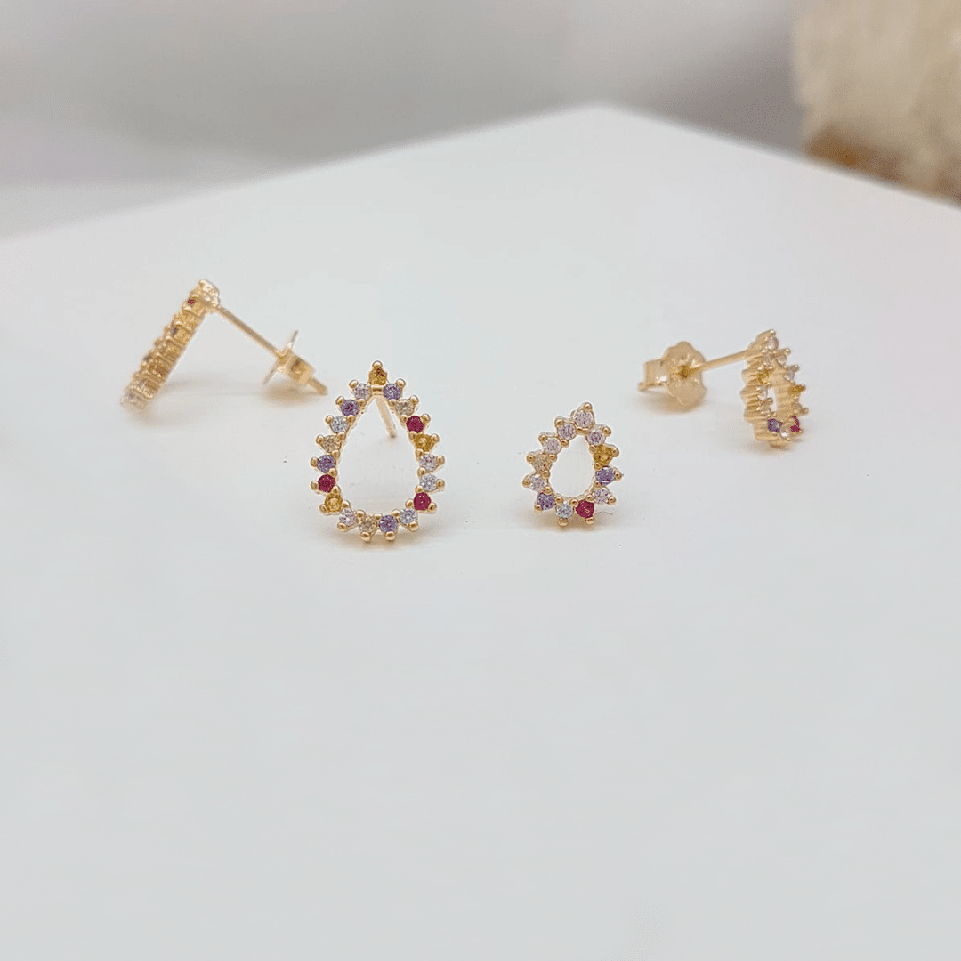 Brinco Colorido Gota Zircônia 8 e 10mm banho ouro 18k