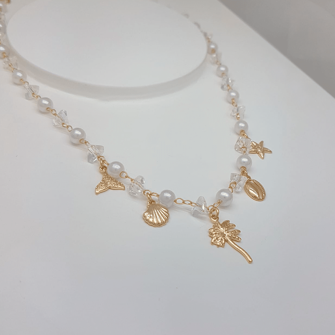 Choker Pérolas Frutos do Mar Cristal banho ouro 18k 32cm+